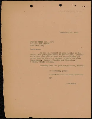 Sacco-Vanzetti Defense Committee typed letter (copy) to Russy Golos Publishing Corporation, Boston, Mass., December 22, 1923