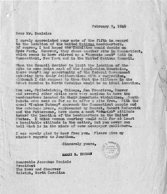 Correspondence Between President Harry S. Truman and Josephus Daniels