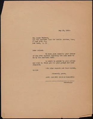 Sacco-Vanzetti Defense Committee typed note (copy) to Roger N. Baldwin (The American Fund For Public Service, Inc.), Boston, Mass., May 29, 1925
