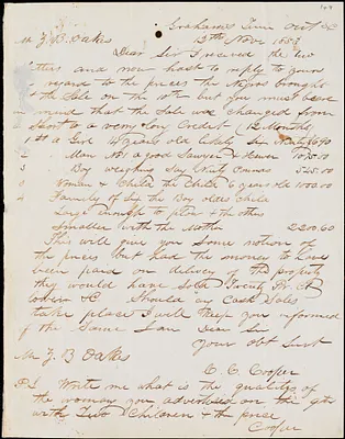 C.C. Cooper, Graham Turnout, N.C.[?], autograph letter signed to Ziba B. Oakes, 12 November 1853