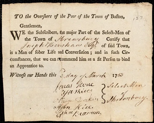 William Pattern indentured to apprentice with Joseph Henshaw of Shrewsbury, 7 March 1783