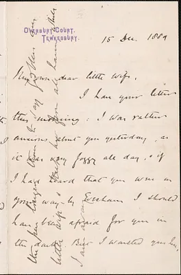 [John Biddulph Martin] autograph note to [Victoria Woodhull Martin], Tewkesbury [England], December 15, 1889