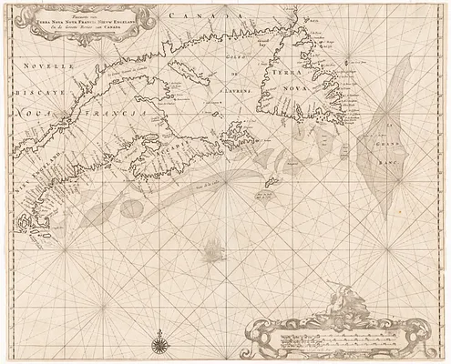 Pascaerte van Terra Nova Nova Francia Nievw Engeland En de Groote Revier van Canada