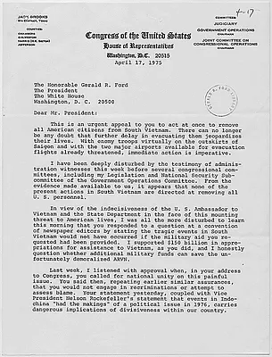 Letter from U.S. Representative Jack Brooks to President Gerald R. Ford requesting the evacuation of all American citizens from South Vietnam