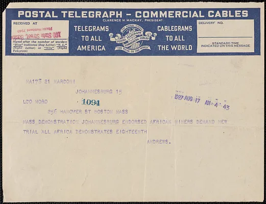 W. Andrews (South African Trades Union) telegram to Joseph Moro, Johannesburg, South Africa, August 17, 1927