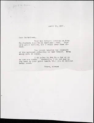 Elizabeth Glendower Evans typed note (photocopy) to Bartolomeo Vanzetti, [Boston?], 13 April 1927
