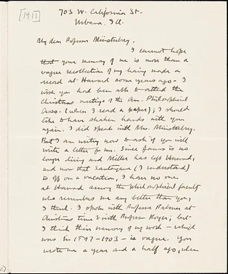 Drake, Durant, 1878-1933 autograph letter signed to Hugo Münsterberg, Urbana, Ill., [1911]