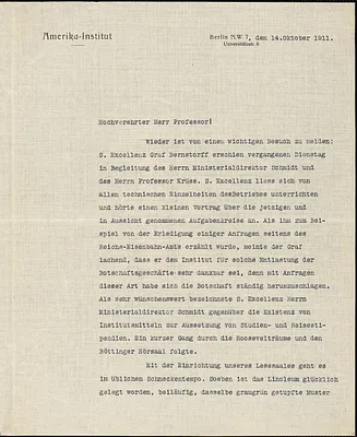 Drechsler, Robert Walter, fl. 1913 typed letter signed to Hugo Münsterberg, Berlin, 14 October 1911