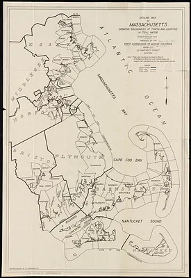 Outline map of Massachusetts showing boundaries of towns and counties in tidal water