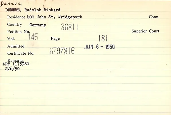Fairfield County Superior Court and Fairfield County Court of Common Pleas, Index to Records of Naturalization, 1839-1955, Deneve-Di Lallo