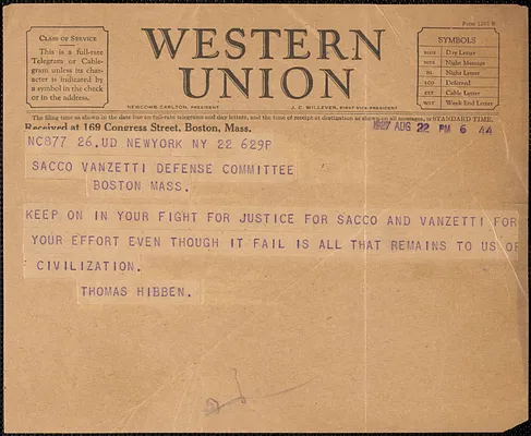 Thomas Hibben telegram to Sacco-Vanzetti Defense Committee, New York, N.Y., August 22, 1927