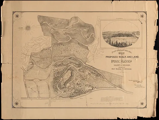 Topographical map of proposed roads and land at Pine Banks in Malden and Melrose, owned by Hon Elisha S. Converse