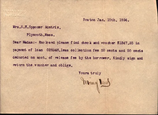 Irving Wood to S.E. Spooner Jan. 15 1894 typescript