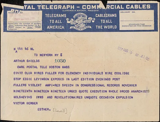 Esther [Lowell] telegram to Arthur Shields, Boston, Mass., August 9, 1927