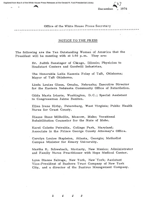 Ten Outstanding Women of America to Meet with the President [Notice to Press]