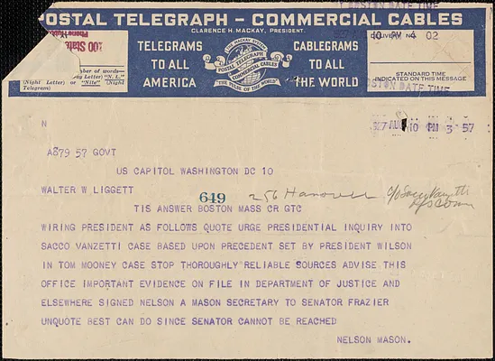 Nelson Mason telegram to Walter W. Liggett, Washington, D. C., August 10, 1927