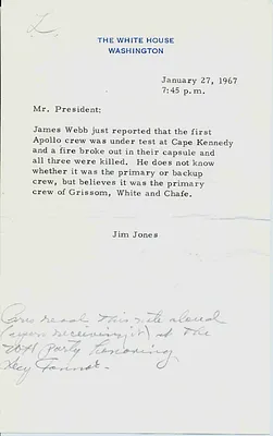 Memorandum from Jim Jones to President Johnson about the Fire on Apollo 1