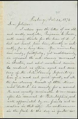 Letter from William Lloyd Garrison, Roxbury, [Mass.], to Oliver Johnson, Feb. 24, 1874