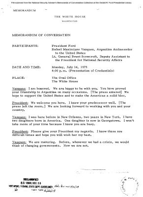 July 14, 1975 - Ford, Argentina Ambassador Rafael Maximiano Vazquez