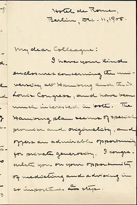 Peabody, Francis Greenwood, 1847-1936 manuscript letter signed to Hugo Münsterberg, Berlin, 11 December 1905