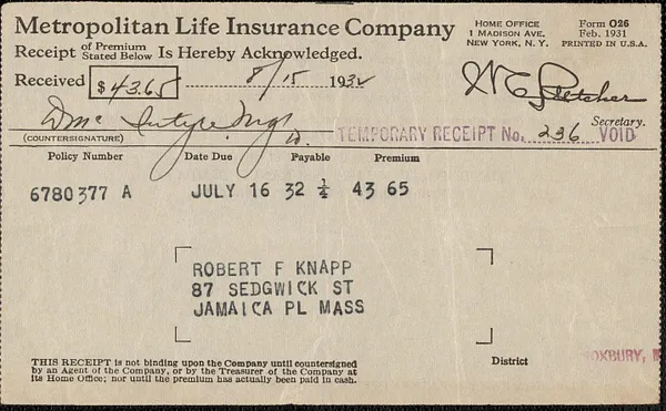 Receipt from Metropolitan Life Insurance Company for Robert F. Knapp, August 15, 1932