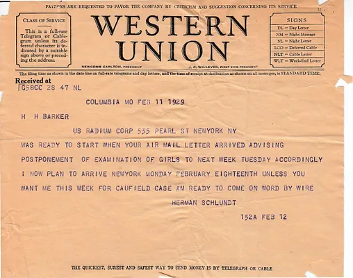 Telegram to H.H. Barker, February 11, 1929