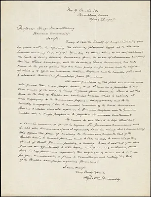 Donnelly, H Grattan, fl. 1907 autograph letter signed to Hugo Münsterberg, Brookline, Mass., 23 April 1907
