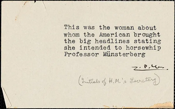 Typed note with initials of Hugo Münsterberg's secretary, [Cambridge, Mass., April 1914]