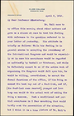 Sanford, Edmund C. (Edmund Clark), 1859-1924 8 autograph letter signed to Hugo Münsterberg, Worcester, Mass., 02 April 1910