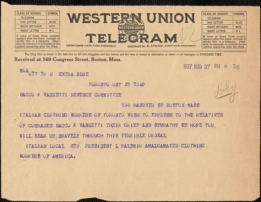 L. Palemio (Amalgamated Clothing Workers of America) telegram to Sacco & Vanzetti Defense Committee, Toronto, Ontario, August 27, 1927