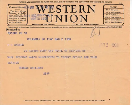 Telegram to H.H. Barker, January 2, 1930