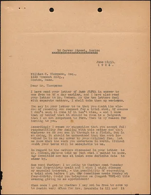 [Elizabeth Glendower Evans] typed letter (copy) to William G. Thompson, Boston, Mass., June 6, 1924