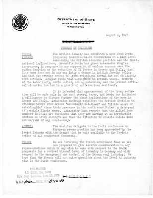 Memorandum, State Department Summary of Telegrams
