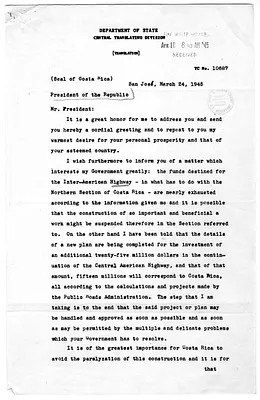 Translation of Letter from Teodoro Picado to President Franklin D. Roosevelt