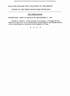 Nomination of Ronald D. Palmer to Ambassador of the USA to Republic of Togo [Position Appointments and Resignations]