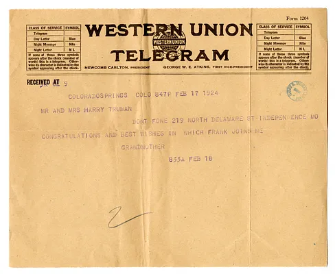 Telegram from Elizabeth Emery Gates to Bess W. and Harry S. Truman