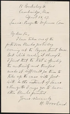H. Bosshard autograph note signed to Sacco-Vanzetti Defense Committee, Cambridge, Mass., April 14, 1927