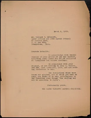 Sacco-Vanzetti Defense Committee typed letter (copy) to Wallace T. Metcalf, Boston, Mass., March 4, 1925