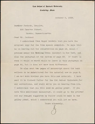 Typed letter signed to Gardner Jackson, Cambridge, Mass., October 5, 1929