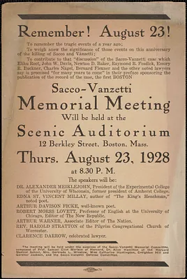 Sacco-Vanzetti Memorial Committee handbill, Boston, Mass., [August 1927]: Remember! August 23! Sacco-Vanzetti Memorial Meeting