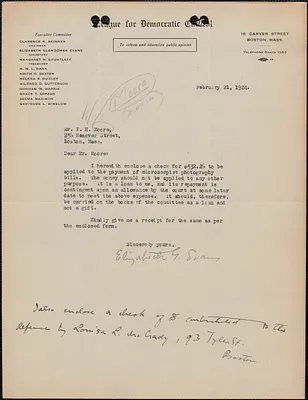 Elizabeth G[lendower] Evans (League for Democratic Control) typed letter F[red] H. Moore, Boston, Mass., February 21, 1924