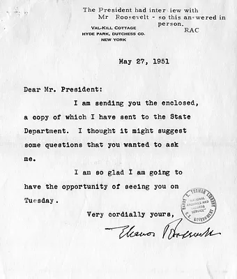 Letter from Eleanor Roosevelt to Harry S. Truman, accompanied by a copy of a memo to the Department of State