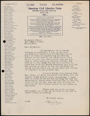 Forrest Bailey (American Civil Liberties Union) typed letter signed to Amleto Fabbri, New York, N.Y., May 18, 1926