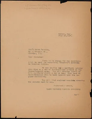 Sacco-Vanzetti Defense Committee typed letter (copy) to International Labor Defense Office, Boston, Mass., July 15, 1927