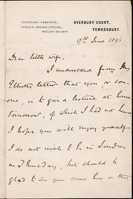 [John Biddulph Martin] autograph note signed to [Victoria Woodhull Martin], Tewkesbury, [England], June 9, 1896