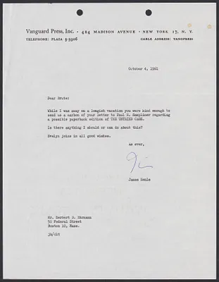 Herbert Brutus Ehrmann Papers, 1906-1970. Sacco-Vanzetti. Correspondence re: 1960 edition of The Untried Case. Box 3, Folder 16, Harvard Law School Library, Historical & Special Collections