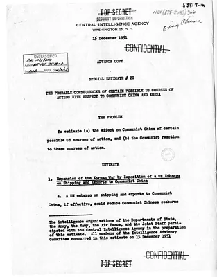 Report, Central Intelligence Agency, Advance Copy of Special Estimate Number 20, The Probably Consequences of Certain Possible United States Courses of Action with Respect to Communist China and Korea
