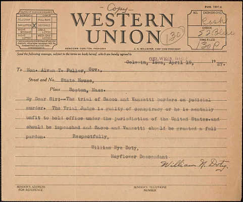 William N. Doty telegram (copy) to Alvan T. Fuller, Oelwein, Iowa, April 19, 1927