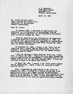 Letter from James Meredith to the Dean of the College of Liberal Arts at the University of Mississippi, 12 April 1961