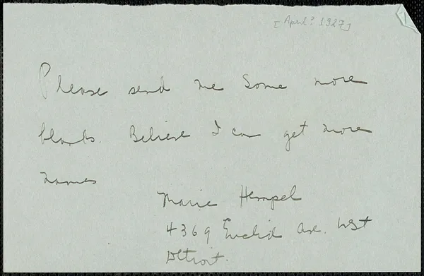 Marie Hempel autograph note signed to Sacco-Vanzetti Defense Committee, Detroit, Mich., [April? 1927]